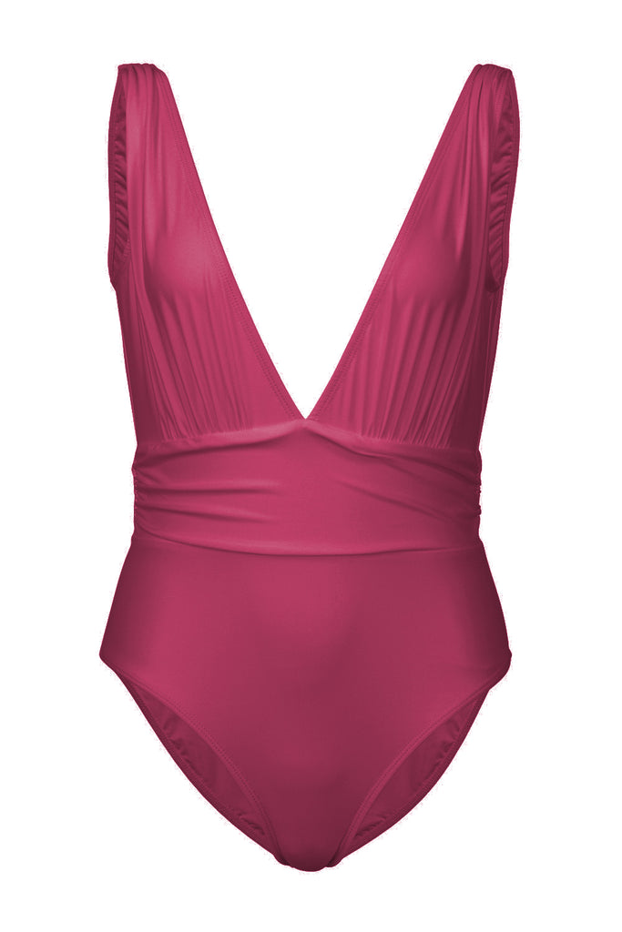 image showing one piece v neck swimsuit in burgundy on white background