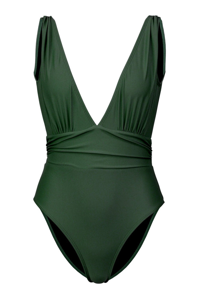 V NECK PLUNGING ONE PIECE SWIMSUIT. HUNTER GREEN  SKIMS  SWIMWEAR GEORGI SWIMMS. SEXY SWIMWEAR .